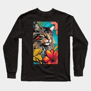 Maine Coon Cat Vibrant Tropical Flower Tall Retro Vintage Digital Pop Art Portrait Long Sleeve T-Shirt